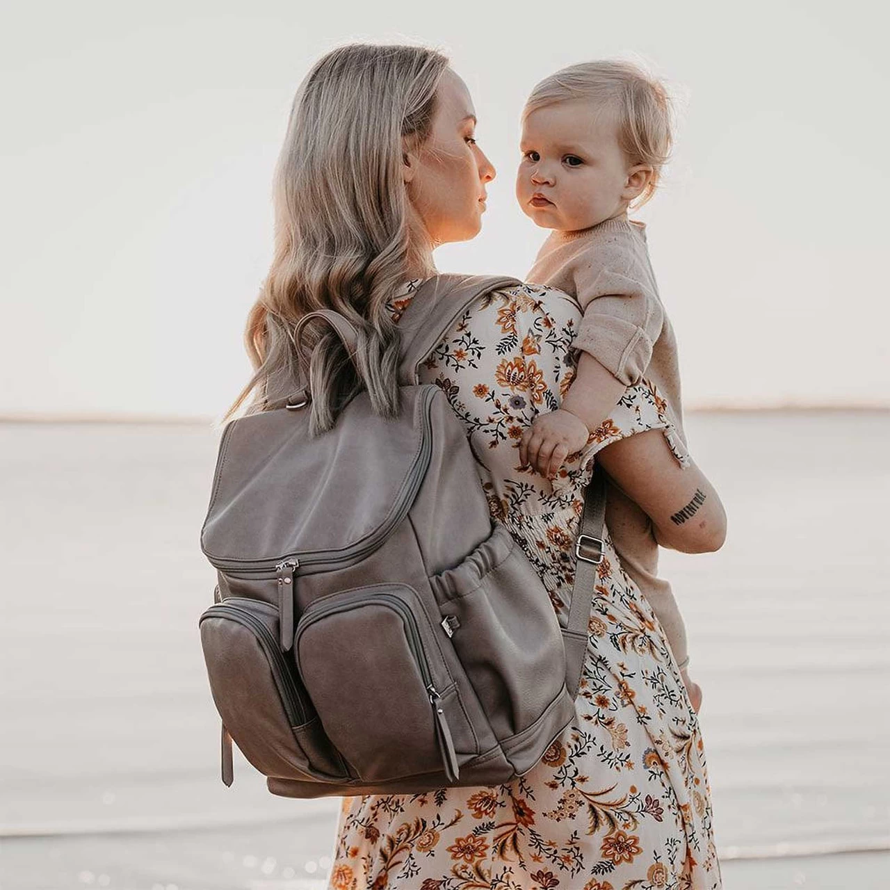 OiOi Faux Leather Nappy Backpack - Taupe - Image 3