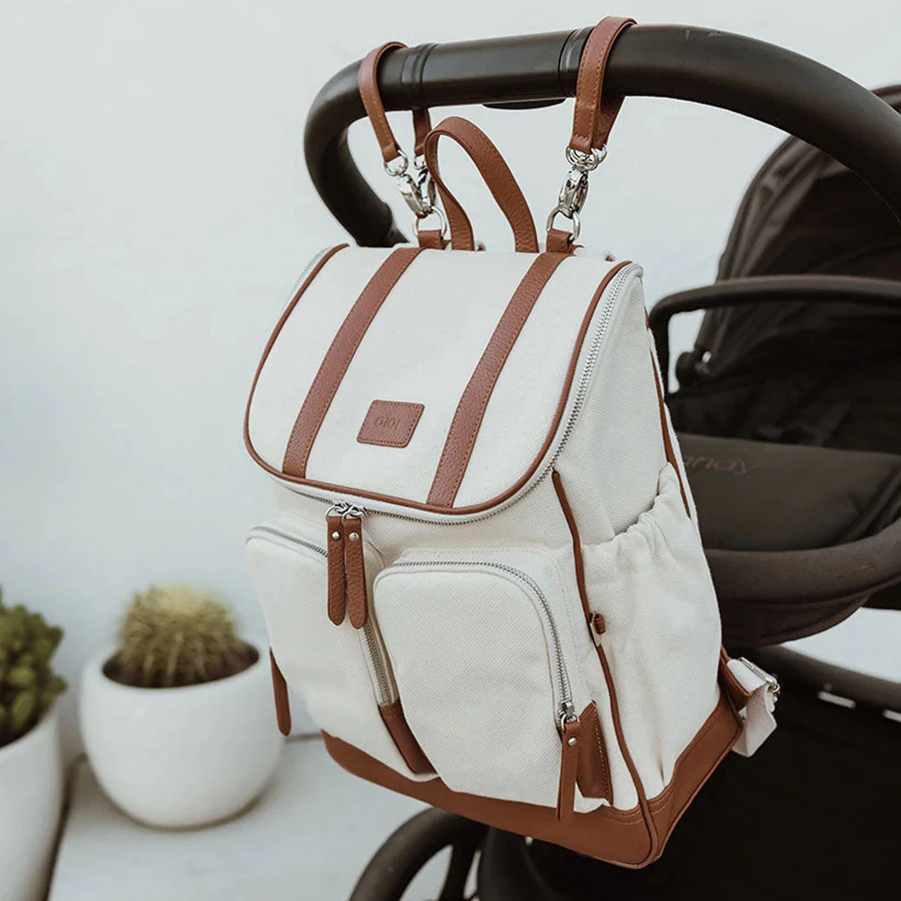 OiOi Canvas Nappy Backpack - Natural/Terracotta - Image 3