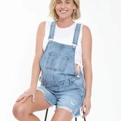 Ripe Maternity Denim Short Overalls - Pale Blue